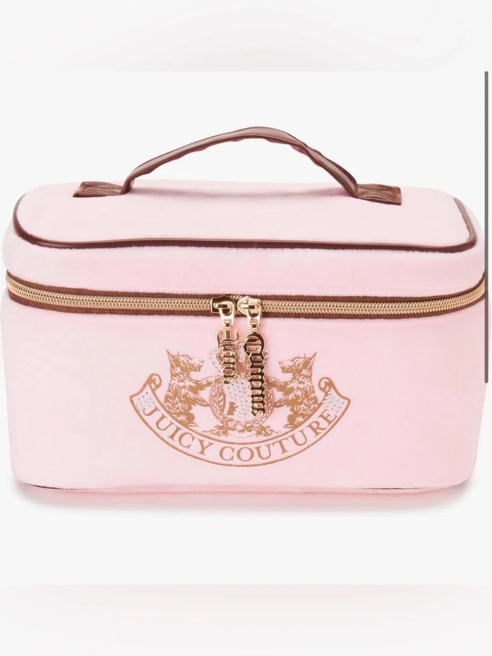 Juicy Couture pink and gold zippered train case cosmetic makeup bag
